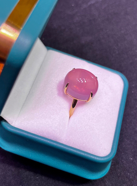 18k金简约戒金招桃花芙蓉石天然粉水晶戒指女圈口14素面日韩简约
