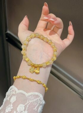 足金盘缠拉丝福袋+小花吊坠！整套足金！ 搭天然金发晶手串