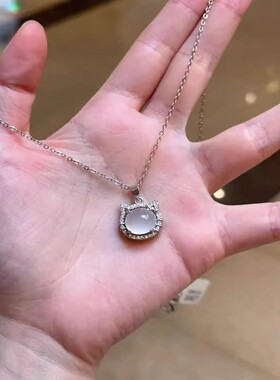 S925纯银白玉髓项链女正品带证书百搭锁骨链高级感猫咪吊坠送女友