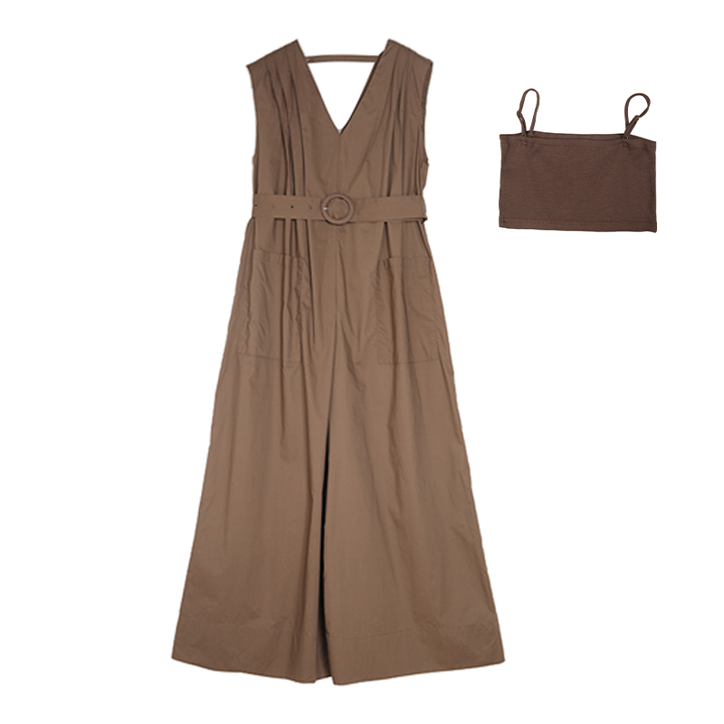 梵凯连体裤女2025夏时尚无袖V领显瘦阔腿设计感纯棉连衣裤配抹胸 - 图3