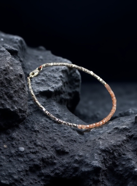 天然金草莓晶方糖珠手链925纯银