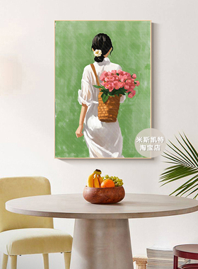 治愈系捧花少女挂画中古风美式客厅装饰画仿油画玄关过道绿色挂画