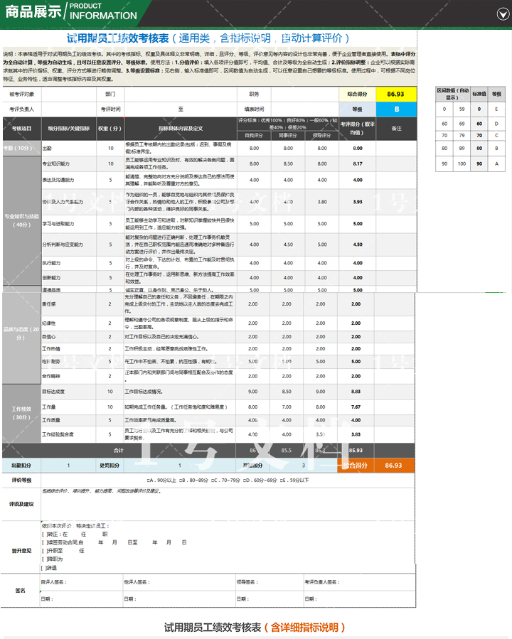 企业试用期员工绩效考核表excel含指标说明及全自动计算-图0