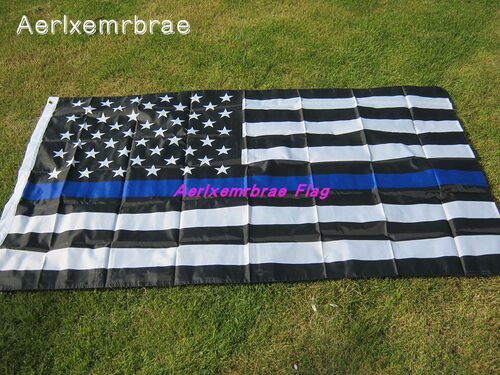 美国蓝条旗90x150cm黑色蓝条美国警察旗 Thin Blue Line Flag - 图1