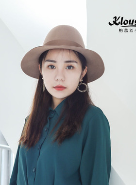 日系羊毛呢宽边爵士驼色新款礼帽