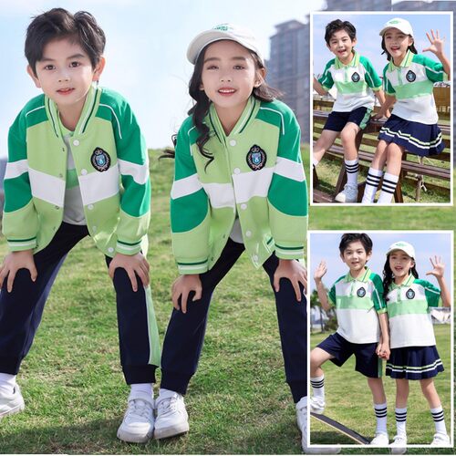 小学生校服棒球服春秋款绿色幼儿园园服夏天儿童班服纯棉四件套装 - 图1