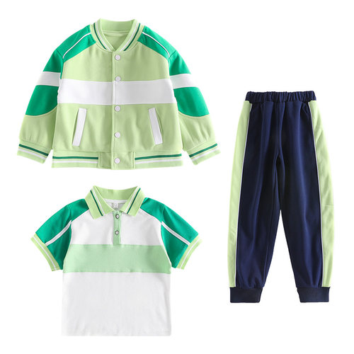小学生校服棒球服春秋款绿色幼儿园园服夏天儿童班服纯棉四件套装 - 图3