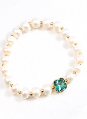 时尚水晶四叶草手链镀金女珍珠