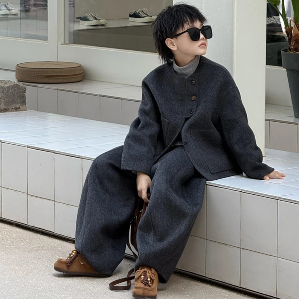 男童秋冬毛呢潮酷痞帅纯色套装2025新款中大童洋气加厚保暖两件套,淘宝优惠券,粉丝福利购,淘宝优惠卷