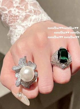 珍珠戒指钻石花朵满钻指环女