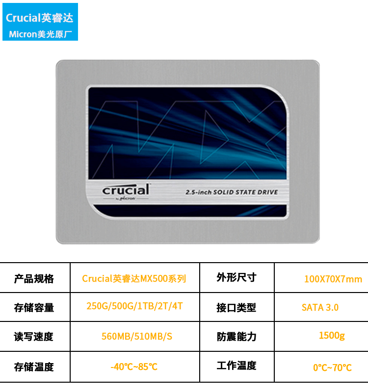 全新CRUCIAL/镁光 mx500英睿达250G 1T 4T固态硬盘SATA3年包换 - 图0