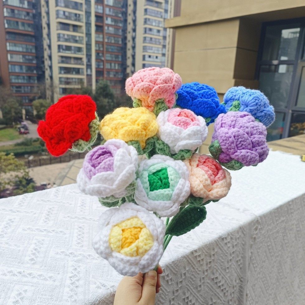 清仓纯手工成品毛线钩编渐变玫瑰单支花束情人节母亲节创意礼品