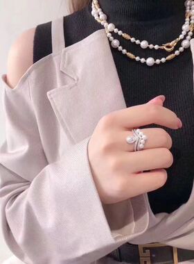 巴黎淡水珍珠多层耳钉纯银戒指