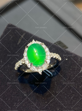 蛋面正阳绿S925银镶嵌戒指冰种