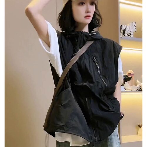欧货新款早秋马甲女薄款宽松休闲拉链无袖连帽显瘦马夹上衣潮 - 图2