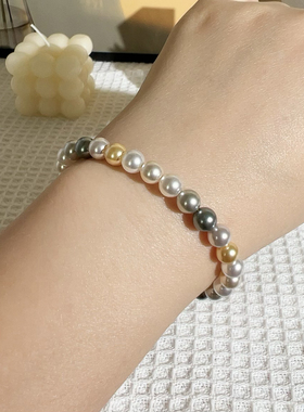 极光正圆糖果色施家珍珠手链 四叶草OT扣闪钻手串叠戴