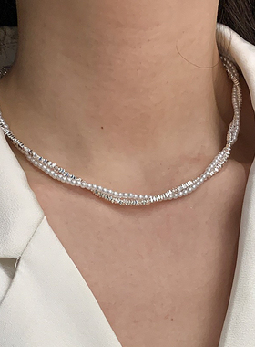 2024年爆款轻奢银碎银子施家珍珠双层项链女锁骨链颈链轻奢时尚