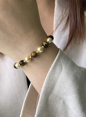 秋冬美拉德色系天然虎眼石南洋金珠手链女 手串叠戴小众个性时尚