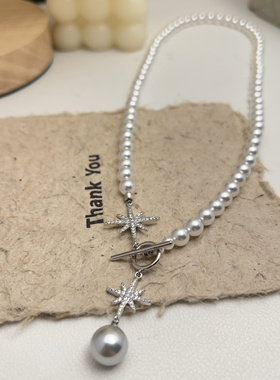 六芒星ot扣珍珠项链 女锁骨链毛衣链新中式 施家正圆珠简约气质