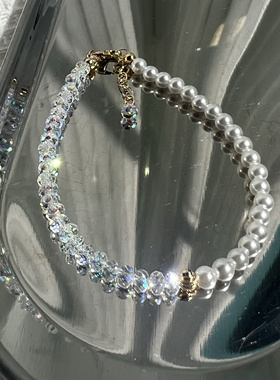 施华洛水晶珍珠手链女 度18K金轻奢高级感手串叠戴正圆baby珠极细