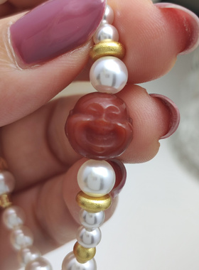 小清新国风红玛瑙佛公珍珠手链女 叠戴小众手作百搭饰品时尚中式