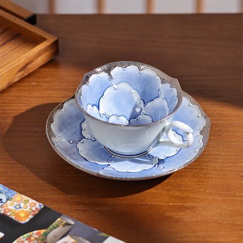 日本有田烧文山窑手工陶瓷咖啡杯手绘牡丹花红茶杯下午茶杯碟套装 - 图0