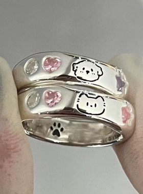 猫狗日记S925纯银小猫小狗情侣对戒指轻奢小众设计戒指礼物