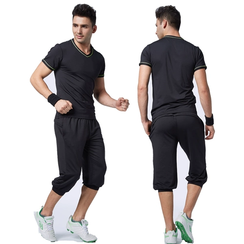 Летние эластичные штаны для спортзала для тренировок, быстросохнущий спортивный комплект, короткий рукав, в обтяжку