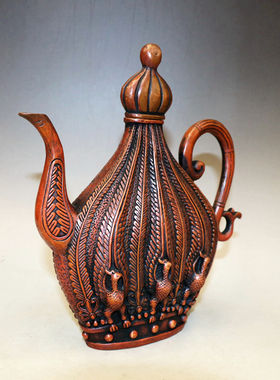 仿古风镀紫铜孔雀开屏水壶工艺品