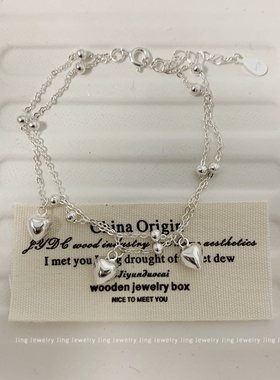 S925纯银立体爱心圆珠双层细手链女韩版甜美风小众手饰