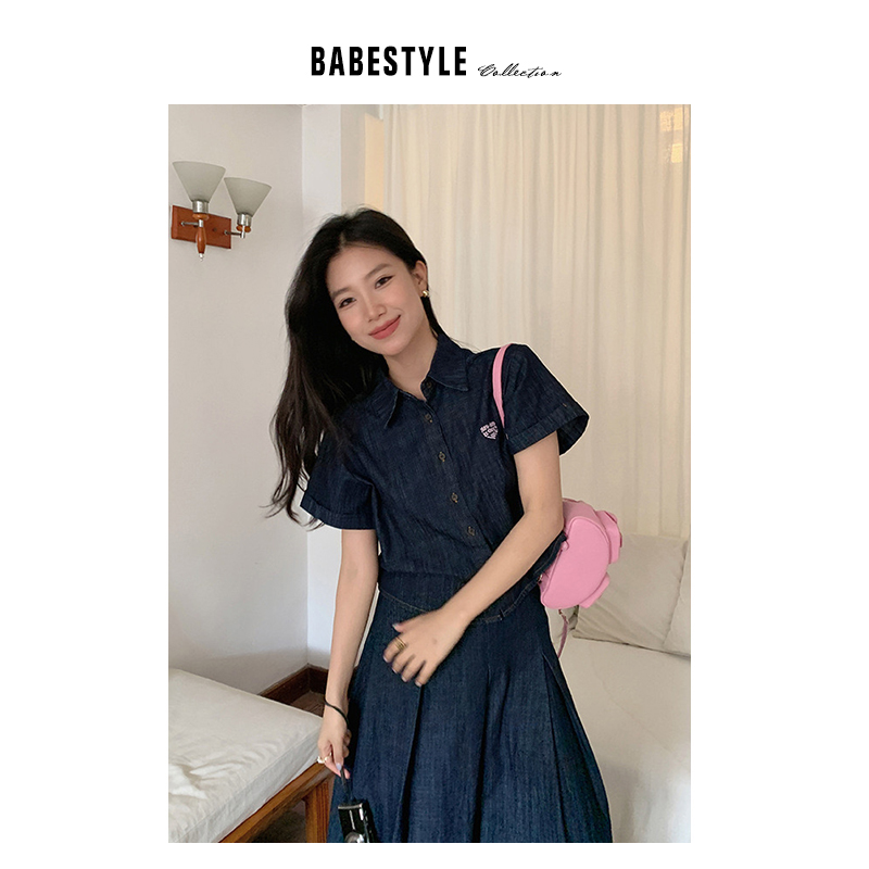 [BABESTYLE]VOL269 工装学院风~法式优雅中性刺绣牛仔衬衫+半身裙 - 图3