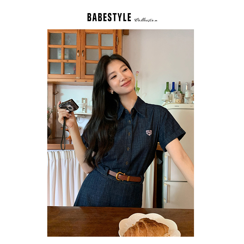 [BABESTYLE]VOL269 工装学院风~法式优雅中性刺绣牛仔衬衫+半身裙 - 图0