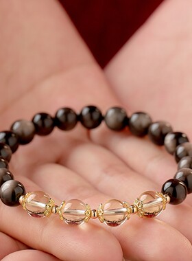 天然黑曜石手串女款草莓晶手链