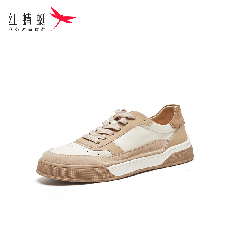 红蜻蜓春秋季男士舒适真皮拼接板鞋圆头休闲轻便透气系带运动鞋男 - 图0