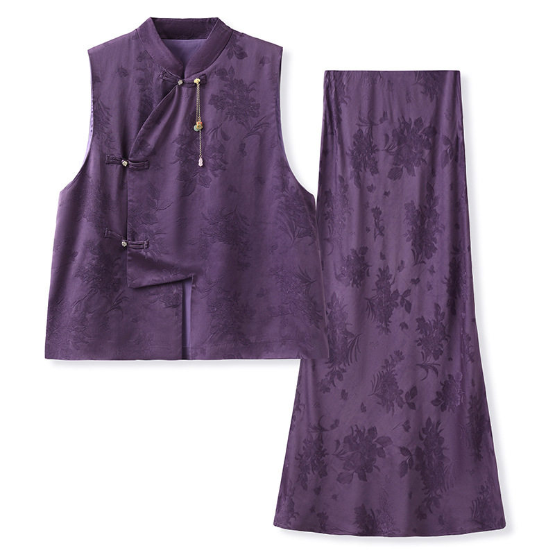 弥蝶【香炉紫烟】新中式人丝提花套装立领盘扣马甲修身包臀半身裙,淘宝优惠券,粉丝福利购,淘宝优惠卷