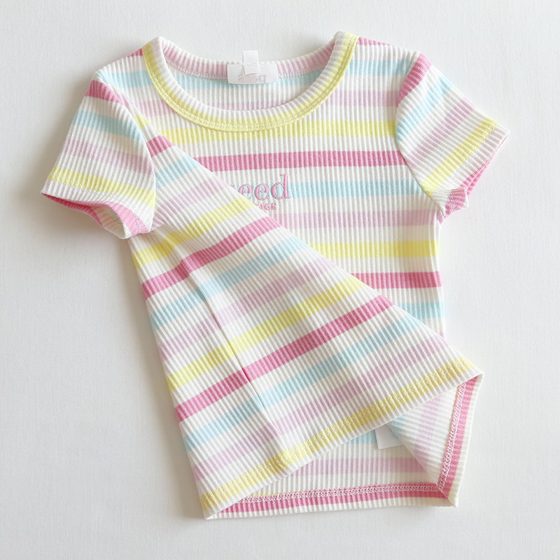 澳S*原尾女童彩条短袖T恤刺绣圆领打底衫女孩子四季通用高弹上衣,淘宝优惠券,粉丝福利购,淘宝优惠卷