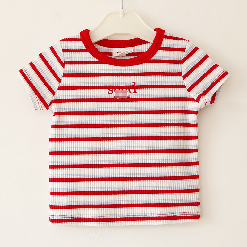 澳S*原尾女童彩条短袖T恤刺绣圆领打底衫女孩子四季通用高弹上衣,淘宝优惠券,粉丝福利购,淘宝优惠卷