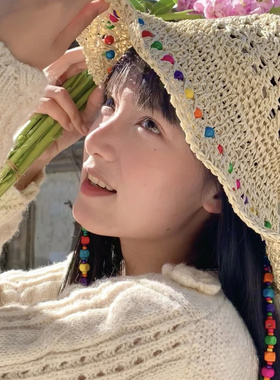 草帽彩色木珠草编镂空大帽檐