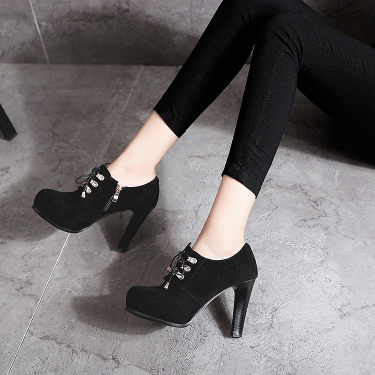 大码深口单鞋女加绒2021新款系带圆头高跟鞋绒面防水台粗跟女鞋子,淘宝优惠券,粉丝福利购,淘宝优惠卷