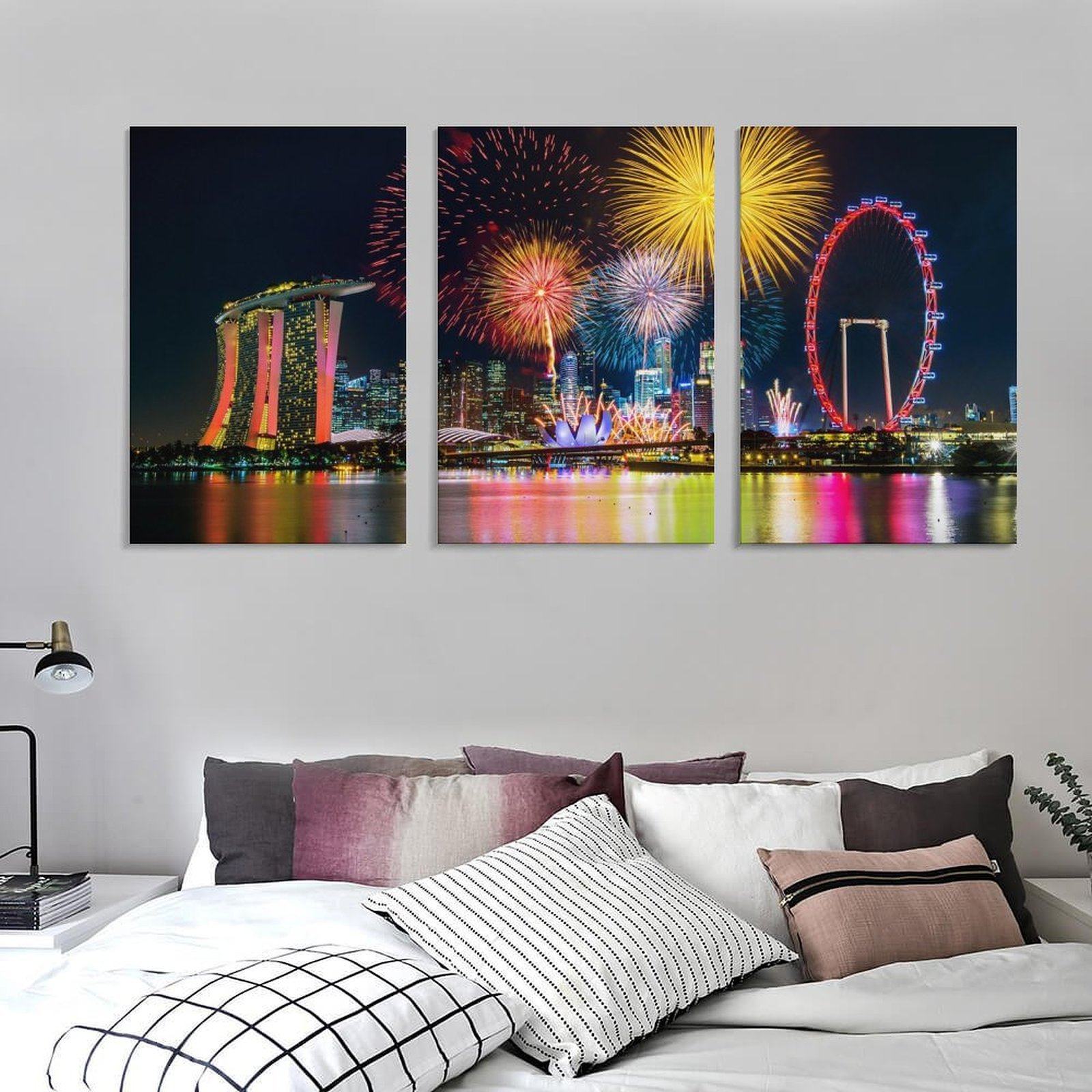 烟花多彩天空夜晚展示庆祝节日背景墙帆布无框画三联组合装饰挂画,淘宝优惠券,粉丝福利购,淘宝优惠卷