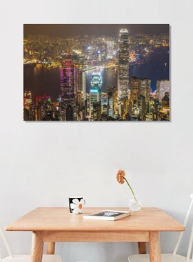 香港维多利亚港城市霓虹夜景街景房间背景墙帆布无框画装饰挂画