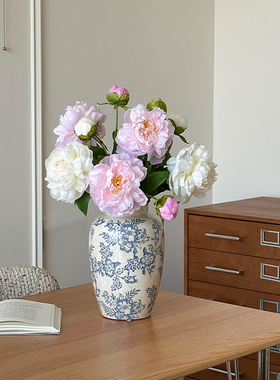 陶瓷花瓶客厅插花高级感青花瓷复古桌面装饰摆件牡丹仿真花艺摆设
