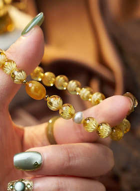 山西五台文创新中式琥珀蜜蜡手链女步步生莲淡水珍珠蜜蜡枣珠手串
