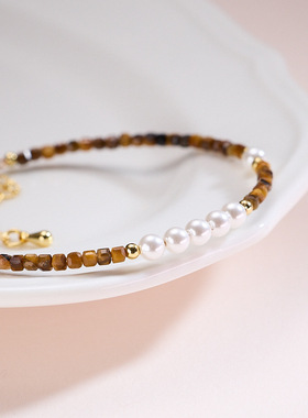 新中式复古天然虎眼石手链女施华洛贝珠轻奢感手链手环