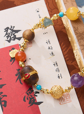 新中式原创设计天然沉香多宝手串十全十美s925银南红蜜蜡手链