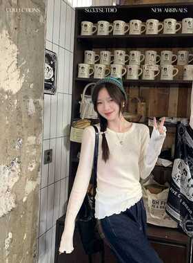 韩版甜美木耳边圆领长袖t恤女修身百搭针织衫复古提花镂空上衣ins