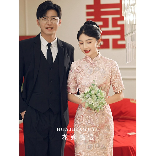 Вечернее платье, ципао, розовое свадебное платье для невесты, китайский стиль, коллекция 2023, яркий броский стиль, изысканный стиль