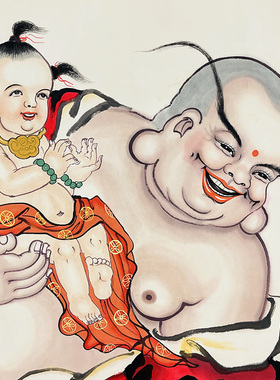 古玩字画收藏无落款纯手绘工笔水墨宣纸人物画六尺横幅 马子戏佛