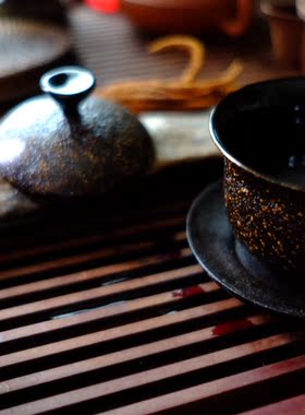 漆器｜髹缮斋原创设计 三才盖碗木胎漆器茶杯盖碗三才盖碗嵌砂款