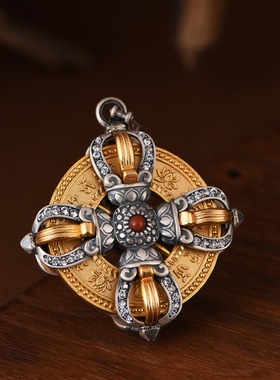 绿度母心咒可转动金刚杵银饰项坠